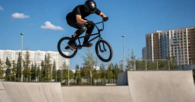 Спортсмен на BMX выполняет прыжок над рампой городского скейт-парка