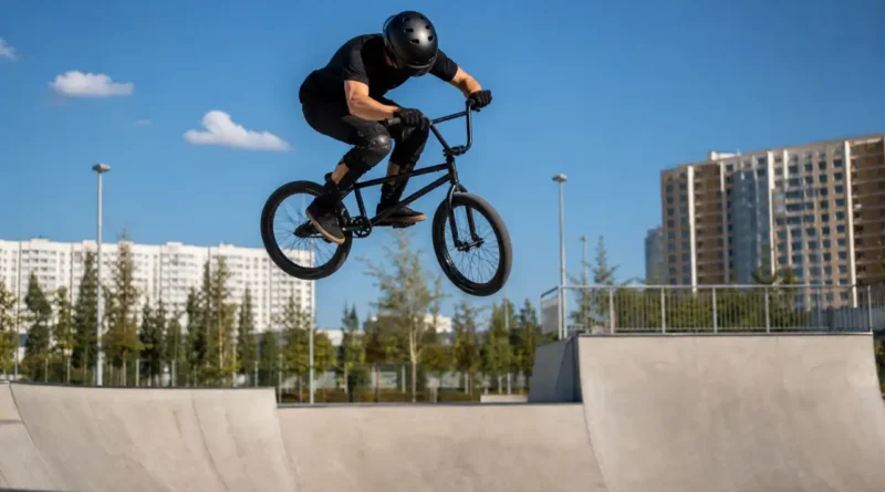 Спортсмен на BMX выполняет прыжок над рампой городского скейт-парка