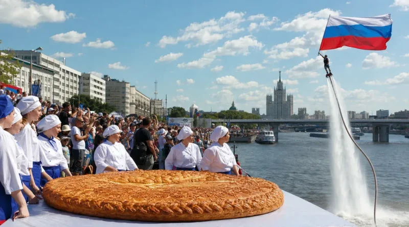 Большой пирог на столе у набережной рядом с участниками городского праздника