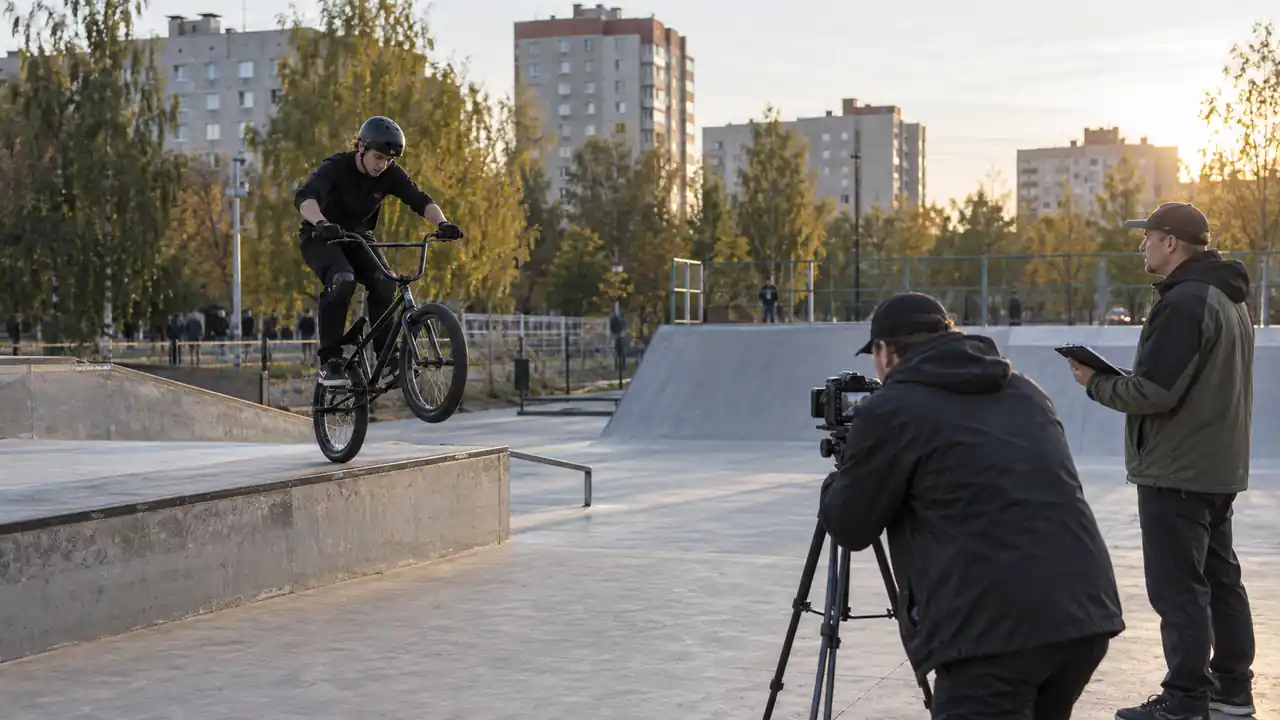 BMX-райдер выполняет трюк в городском скейт-парке, пока организаторы фиксируют попытку