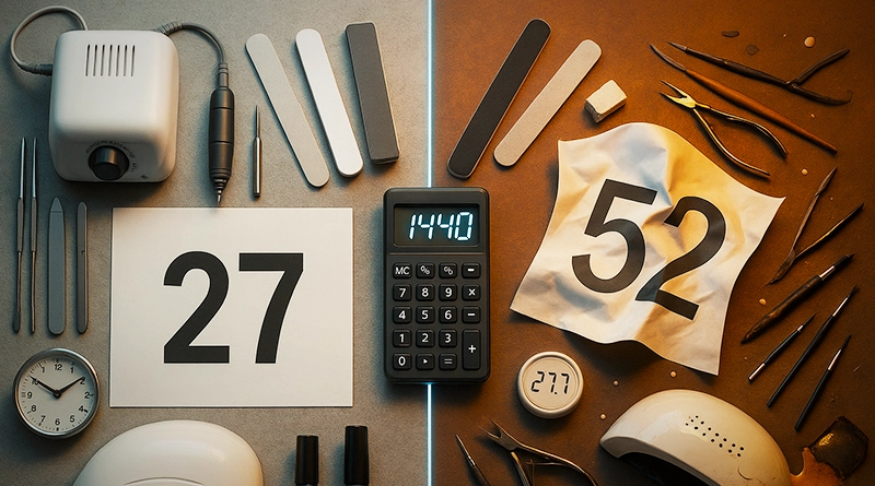 Сравнение реального рекорда 27 маникюров за 24 часа и заявленной невозможной цифры 52: инструменты нейл-мастера, таймер, расчёты времени и визуальная метафора несостыковки.