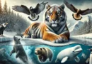 An extraordinary and realistic image depicting Russia's most unique animal record holders. The scene features a massive Amur tiger resting majesticall