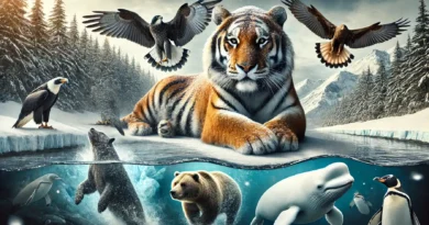 An extraordinary and realistic image depicting Russia's most unique animal record holders. The scene features a massive Amur tiger resting majesticall