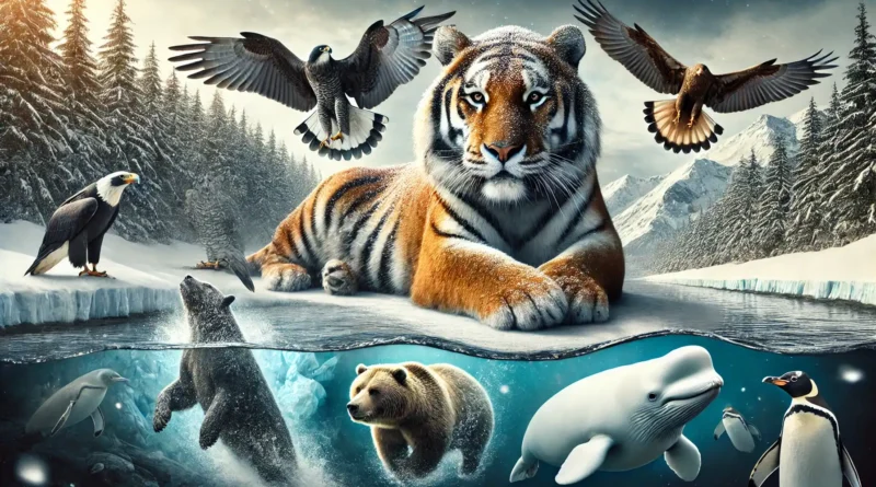 An extraordinary and realistic image depicting Russia's most unique animal record holders. The scene features a massive Amur tiger resting majesticall