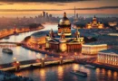 ид на Санкт-Петербург с поднятым Дворцовым мостом на рассвете