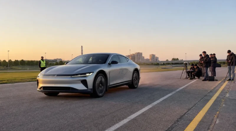 Автомобиль на закрытой площадке рядом с командой, которая фиксирует попытку