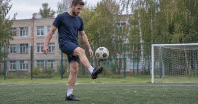 Спортсмен подбивает футбольный мяч стопой на открытой площадке