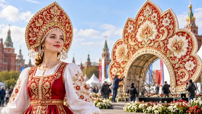Декоративный кокошник большой формы рядом с надеваемым кокошником на городской площадке