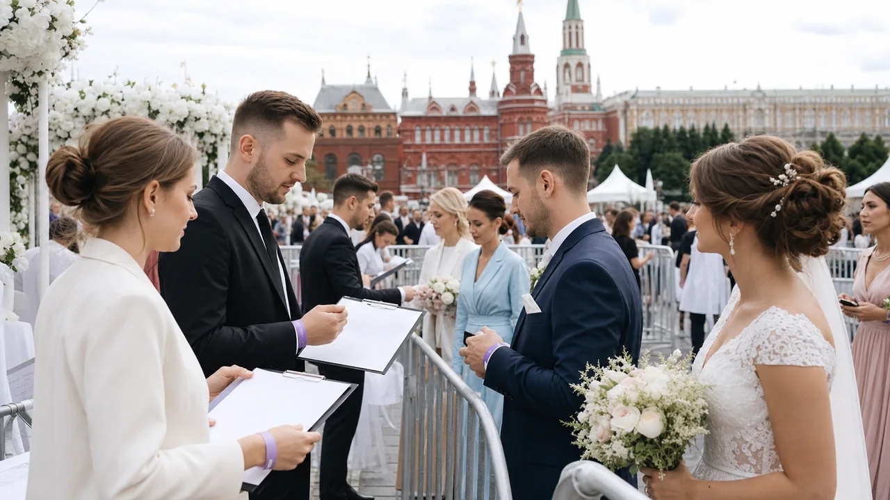 Организаторы проверяют списки пар на массовой свадебной церемонии
