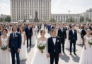 Массовая свадебная церемония на городской площади в России