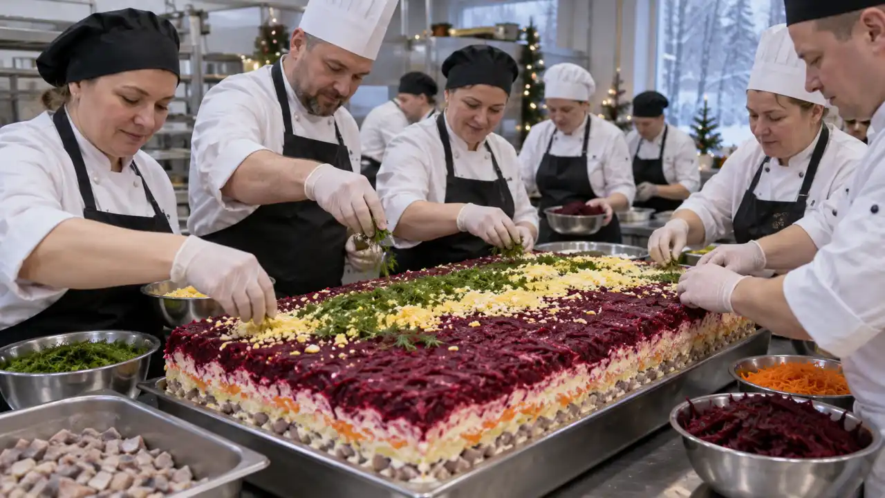 Команда поваров готовит большой слоёный салат в профессиональной кухне