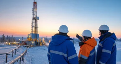 Российские нефтегазовые инженеры у буровой установки в Западной Сибири