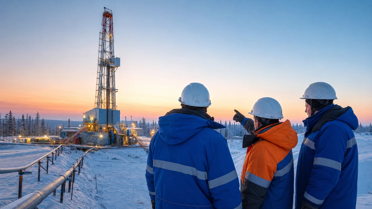 Российские нефтегазовые инженеры у буровой установки в Западной Сибири