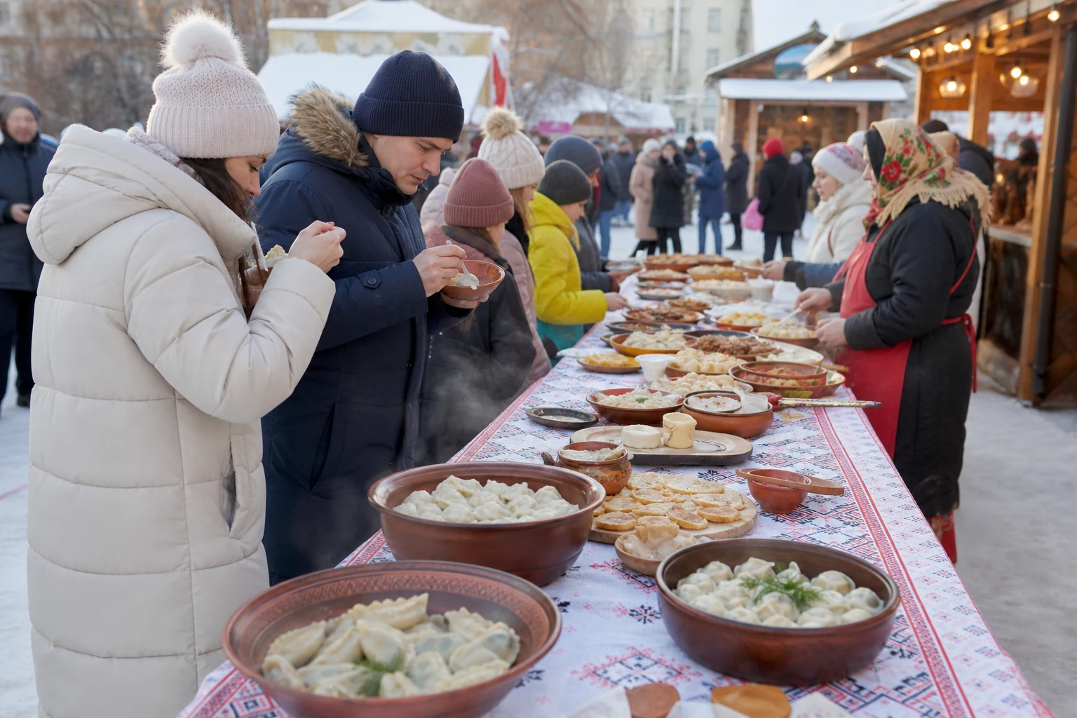Гости дегустируют пельмени на фестивале в Удмуртии