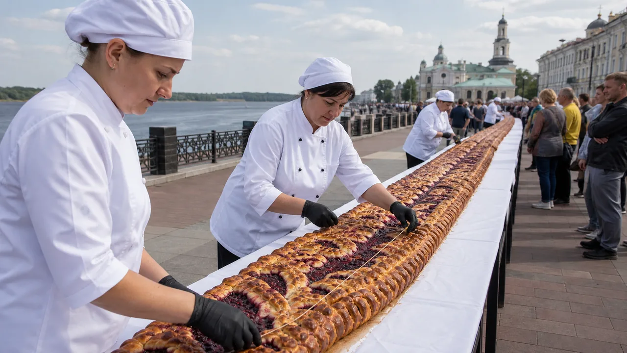 Длинный ягодный пирог на городском празднике в России