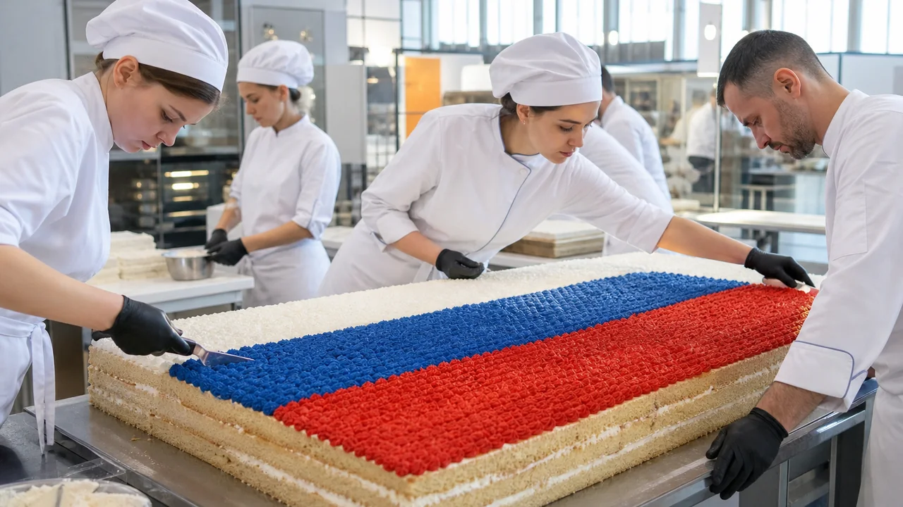 Команда кондитеров собирает большой бисквитный торт в форме флага России