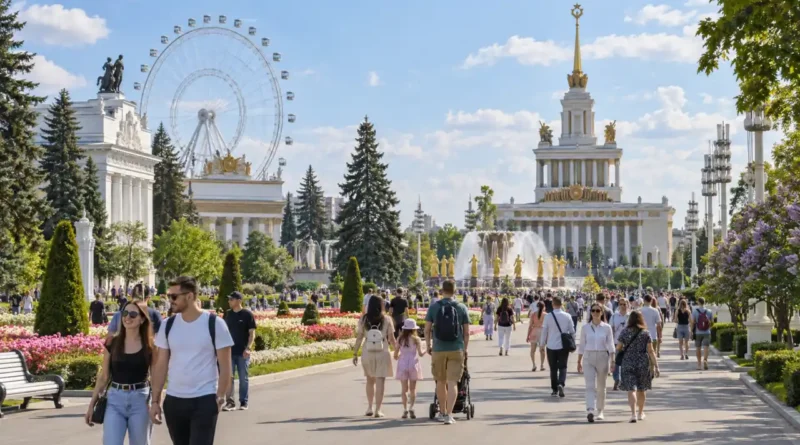 ВДНХ в Москве с колесом обозрения и посетителями